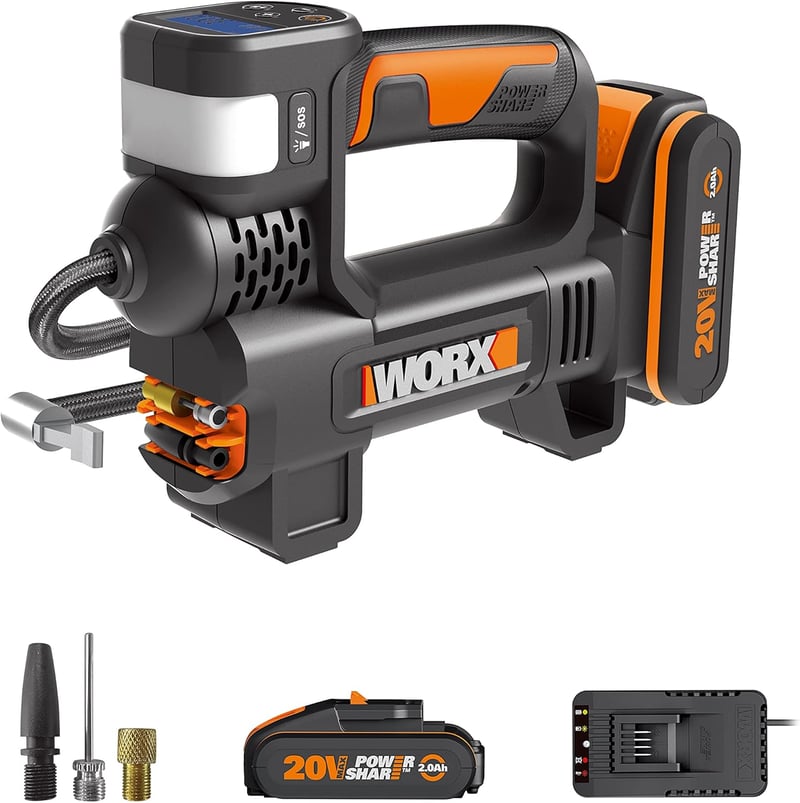 WORX PowerShare WX092 Akkumulátoros Kompresszor 10 Bar Nyomással, LED Világítással, SOS Vészfénnyel, Digitális Nyomásmérővel, Autógumi