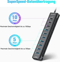 RSHTECH 11-Portos USB C 3.2 Hub Aktív Tápellátással - 60W, 10Gbps Adatátvitel, 3 USB-C és 8 USB-A Port, Alumínium, Fekete - A11PD 3