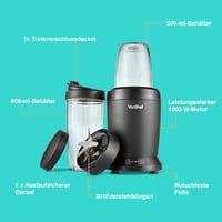 VonShef Személyi Turmixgép 1000W - Multifunkciós Smoothie Készítő Gyümölcsökhöz, Zöldségekhez, Jégzúzásra - 800ml és 500ml Hordozható Pohara 3
