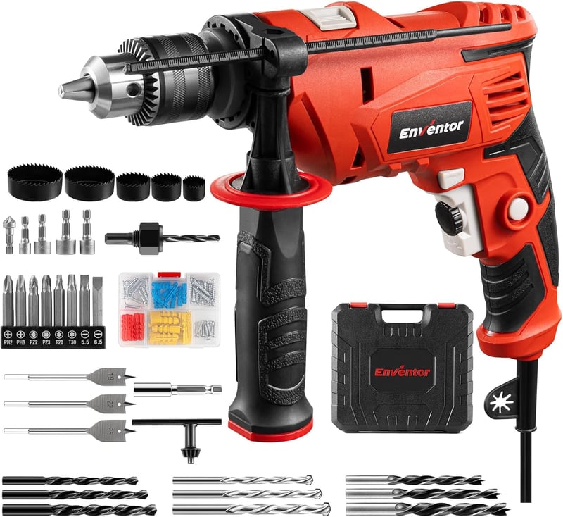 ENVENTOR 900W Ütvefúró, 2 az 1-ben Elektromos Fúró 36 Tartozékkal, 0-3000 RPM, 360° Forgatható Fogantyú, 13mm Tokmány, Betonhoz, Fémhez és F