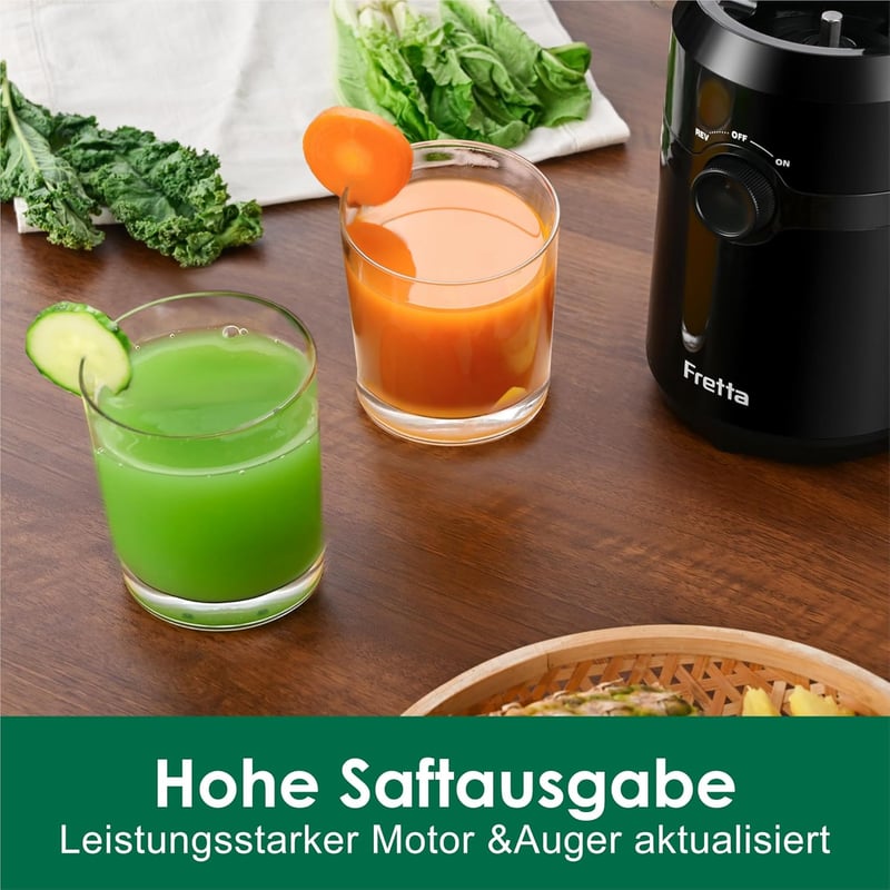 Fretta Slow Juicer 200W - Fekete gyümölcsprés 108mm-es adagolónyílással, egész gyümölcsökhöz, BPA-mentes Tritan anyagból, könnyen tisztíthat
