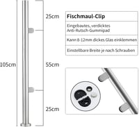 ABONOK 304-es Rozsdamentes Acél Üvegkorlát Oszlop 105 cm - Erkély, Terasz, Lépcső Korlátrendszer 10-12 mm Üveglapokhoz, Ezüst 4