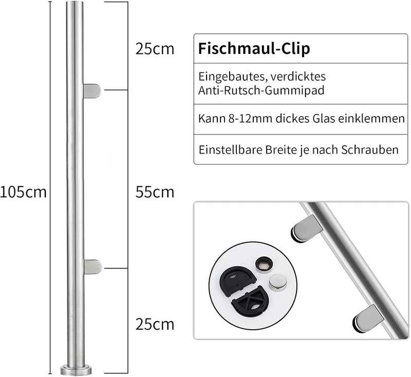 ABONOK 304-es Rozsdamentes Acél Üvegkorlát Oszlop 105 cm - Erkély, Terasz, Lépcső Korlátrendszer 10-12 mm Üveglapokhoz, Ezüst