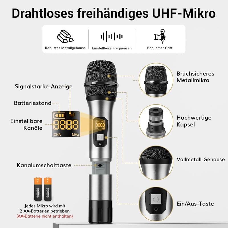 TONOR 4 csatornás UHF vezeték nélküli mikrofon szett, 90m hatótáv, karaokéhoz