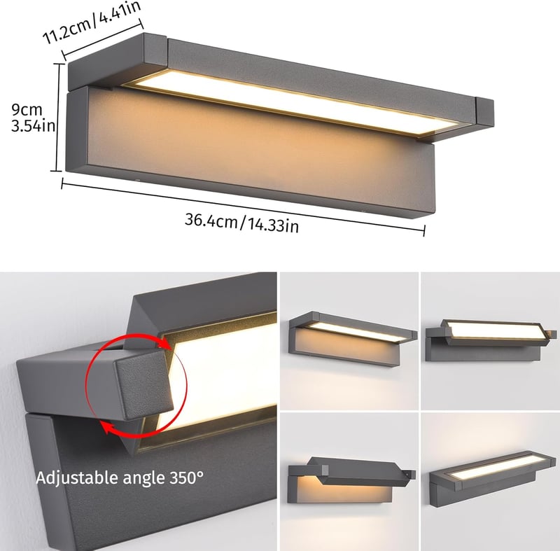 KUKAK 36W LED Kültéri Fali Lámpa, IP65 Vízálló, 3000K Meleg Fehér, 350° Forgatható Panel, Alumínium, Sötétszürke - Kerthez, Teraszhoz, Erkél