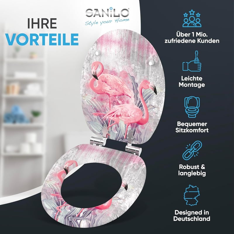 Sanilo Flamingo 2 WC Ülőke Lassú Záródással - Fa Anyagú, Könnyen Szerelhető, Strapabíró Zsanérokkal, Flamingó Mintás Toalett Fedél