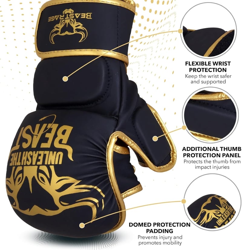 BEAST RAGE MMA Kesztyű Nyitott Tenyérrel - Állítható Csuklótámasz, Unisex Küzdősport Kesztyű Muay Thai, Kickbox, Taekwondo Edzéshez - S/M, P