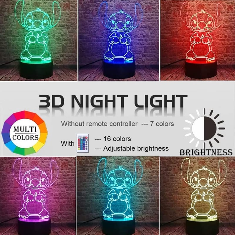 Stitch 3D LED éjjeli lámpa 16 színnel, távirányítóval - Gyerekszoba dekoráció