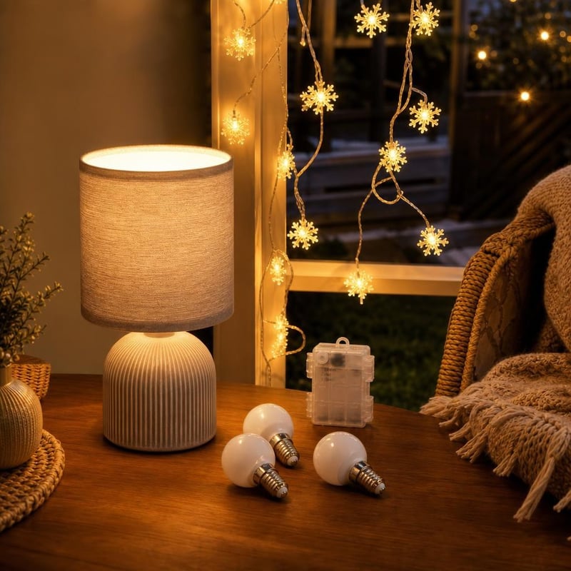 Zlatni večernji ugođaj: 3x LED žarulja + stolna lampa sjenilo + svjetlosni lanac pahuljice