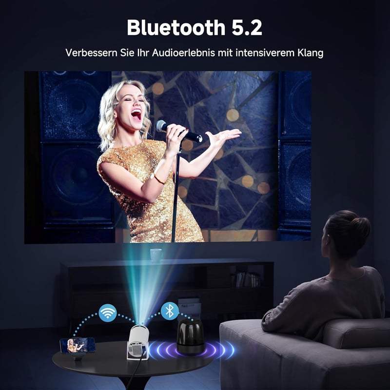 Polocsh Mini Projektor WiFi 6 és BT 5.2 - 720P Full HD, Automata Keystone Korrekció, 180° Forgatható, 130" Képméret, Android 11.0 - Telefon/