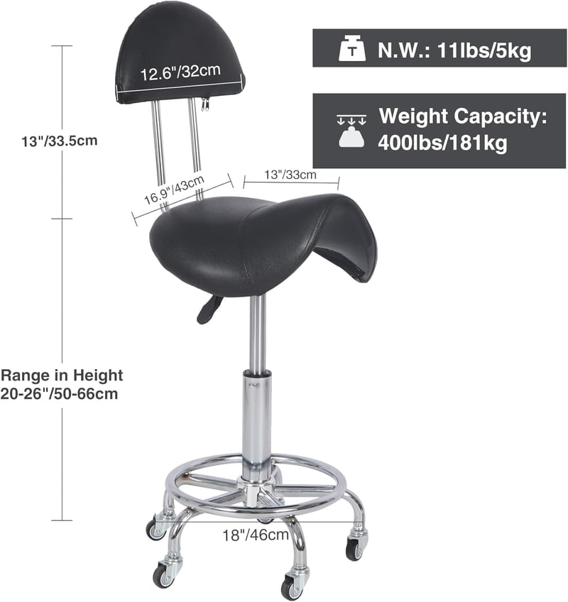 REDCAMP Ergonomikus Nyeregszék Görgőkkel és Háttámlával - 360° Forgatható, Állítható Magasságú Irodai Szék, 180 kg Teherbírás, Csendes Kerek