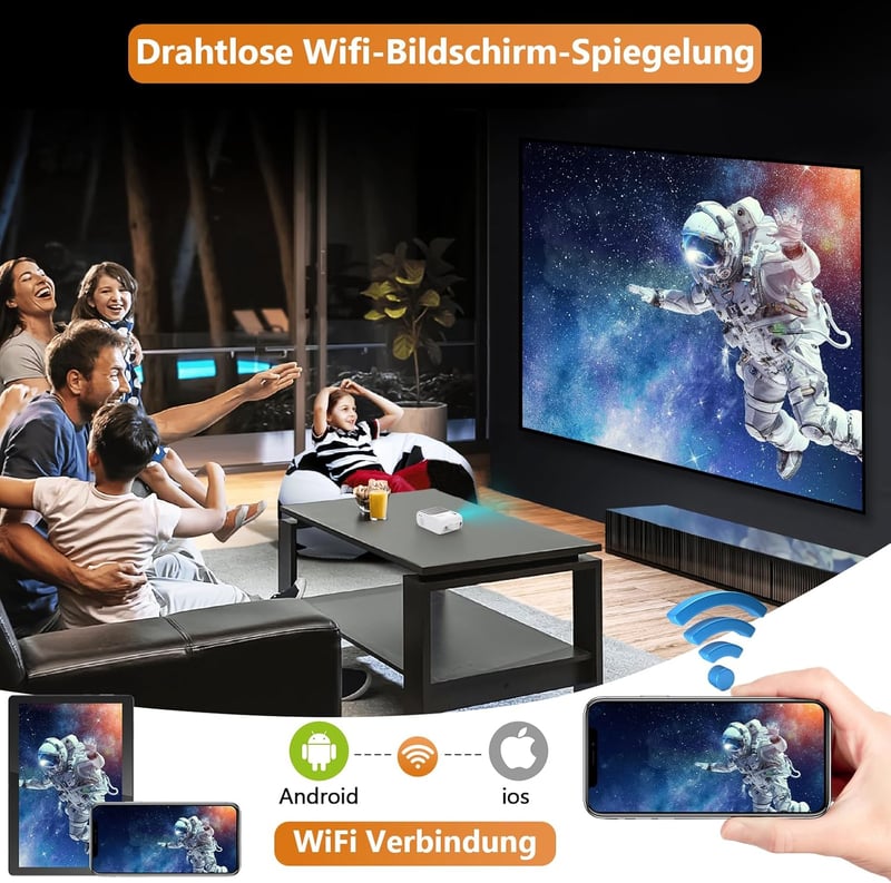 XIWBSY 10000 Lumen Mini Projektor Full HD Támogatással - Hordozható WiFi Bluetooth Házimozi, TV/Xbox/Laptop/Okostelefon Kompatibilis, 180" V