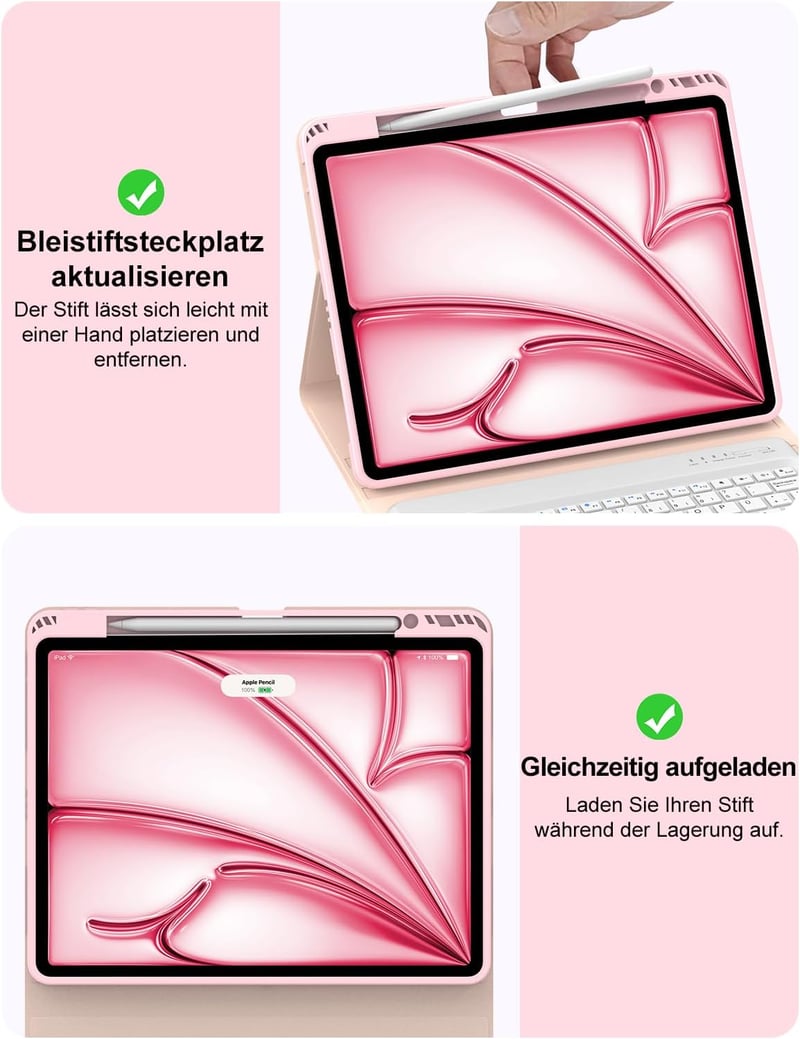 FOGARI iPad Air 13 M2/Pro 12.9 Billentyűzetes Tok - Mágneses Bluetooth Német Billentyűzet, Levehető, 3 Állítási Szög, 230 Óra Üzemidő, Rózsa