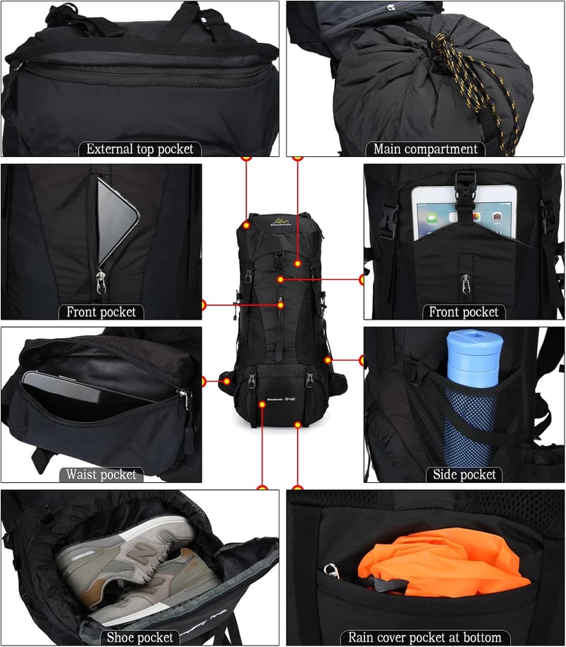 Doshwin 70L Túrahátizsák - Vízálló Esővédővel, Kemping, Túrázás, Utazás, Kirándulás - Unisex Oxford Anyagú Hátizsák Fekete Színben - XL, Black