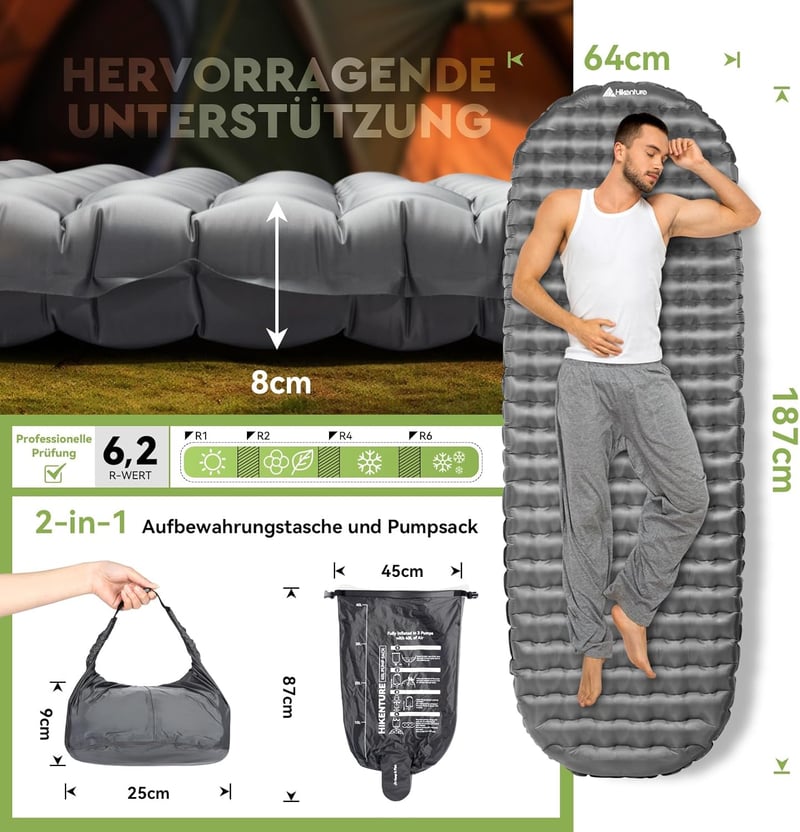 HIKENTURE Ultrakönnyű Kempingmatrac 6.2 R-Értékkel - 8 cm Vastag Felfújható Matrac Túrázáshoz, 4 Évszakos Használatra, Kis Csomagméret