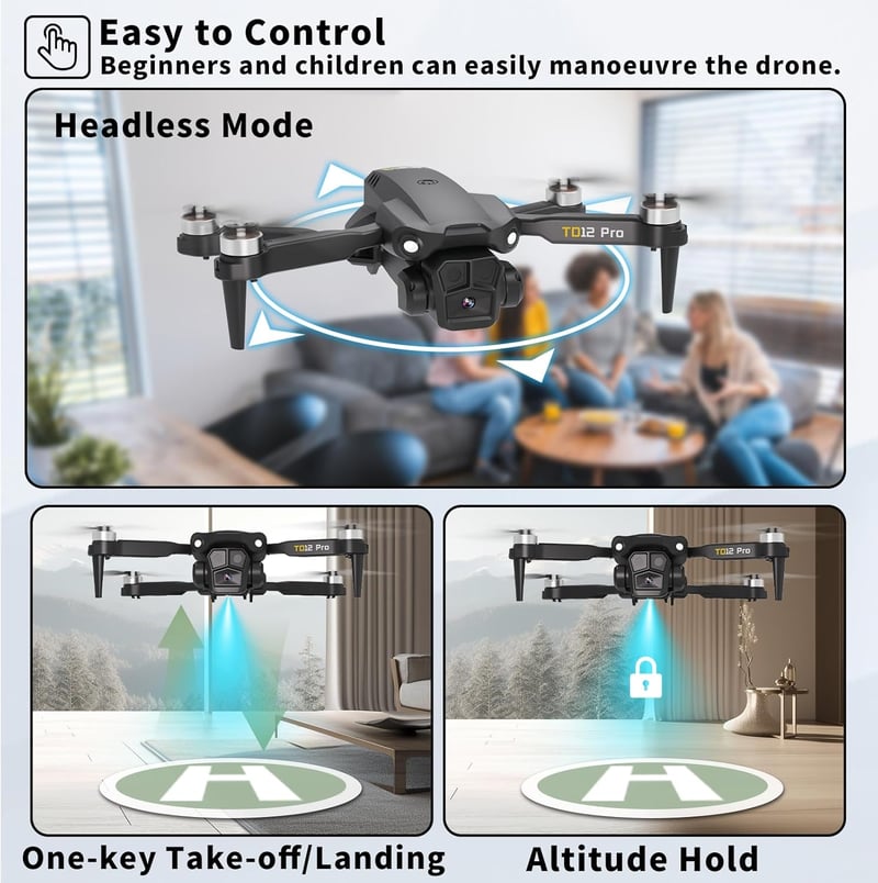 Toladrone TD12Pro FPV Drón 1080P Kamerával - Kefementes Motorral, Optikai Pozicionálással, 90° Állítható Kamerával, Kezdőknek és Haladóknak