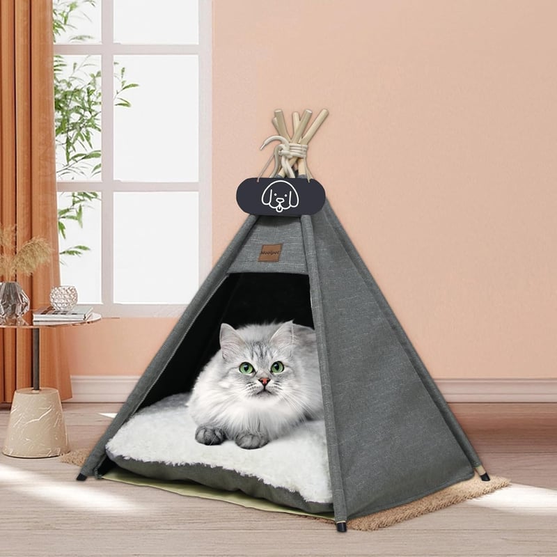 Mooipet Tipi Sátor Kisállatoknak Kétoldalú Párnával - Mosható Kisállat Ház Kutyáknak, Macskáknak, Nyulaknak, 60x60x70 cm, Szürke