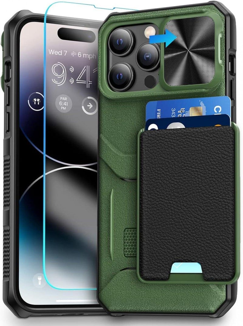 iPhone 14 Pro Védőtok Fóliával, Kártyatartóval - Katonai Zöld