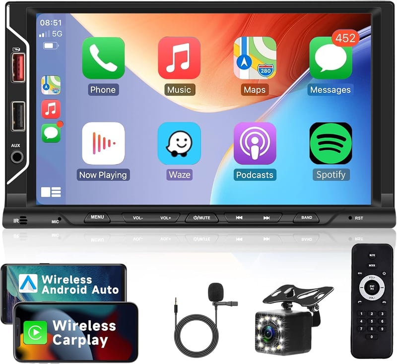 Vezeték nélküli Apple Carplay 2 DIN autórádió 7" érintőképernyővel, Android tükrözés, Bluetooth kihangosító, FM, USB, tolatókamera