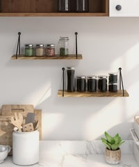 Afuly Rusztikus Fali Polc Szett - Natúr Fa és Fekete Fém Kombinációja - 2 db Könnyű Polc Fürdőszobába, Nappaliba, Konyhába - 40x15,5 cm 5