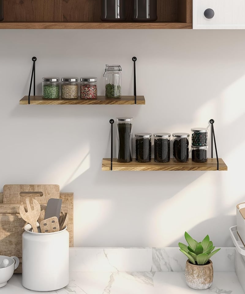 Afuly Rusztikus Fali Polc Szett - Natúr Fa és Fekete Fém Kombinációja - 2 db Könnyű Polc Fürdőszobába, Nappaliba, Konyhába - 40x15,5 cm