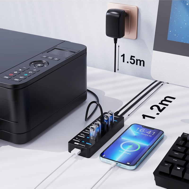 VEMONT 7 portos USB 3.0 hub aktív tápegységgel és intelligens töltőporttal