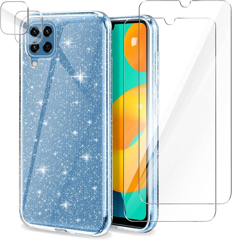 Samsung Galaxy M32 Átlátszó Csillámos Tok Kameravédővel