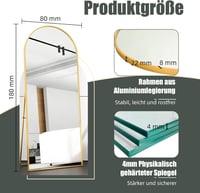 AUFHELLEN Íves Álló Tükör 180x80 cm - Arany Fém Kerettel, HD Teljes Alakos Tükör, Falra Szerelhető, Hálószobába, Nappaliba 3