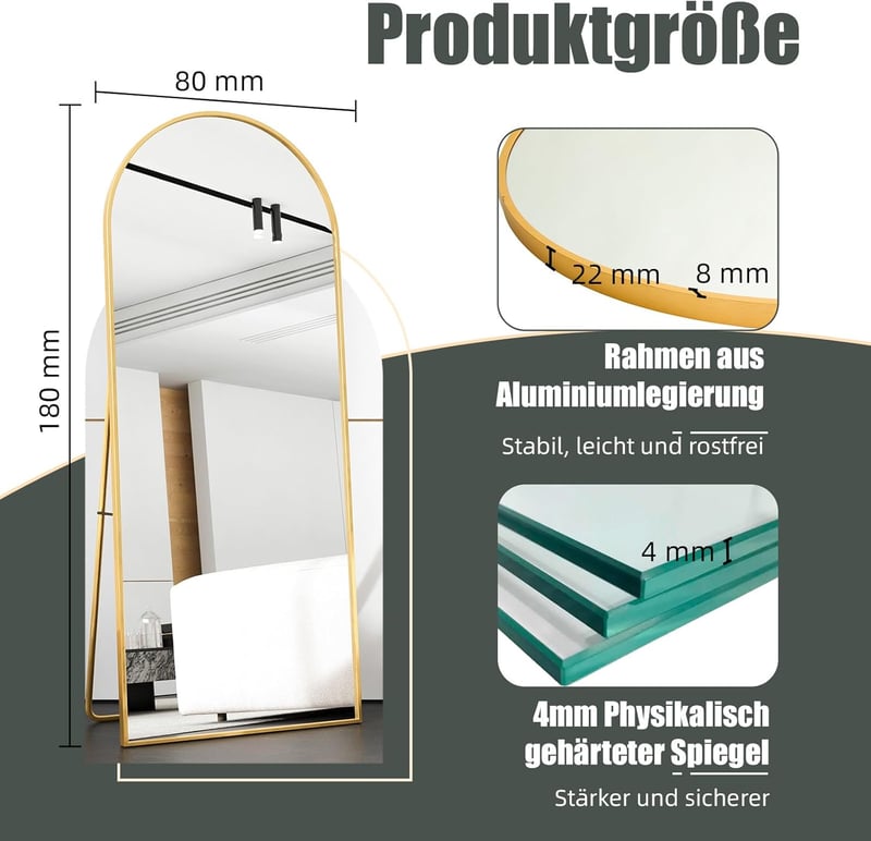 AUFHELLEN Íves Álló Tükör 180x80 cm - Arany Fém Kerettel, HD Teljes Alakos Tükör, Falra Szerelhető, Hálószobába, Nappaliba
