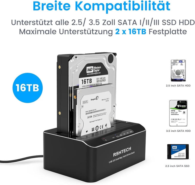 RSHTECH USB 3.0 Alumínium HDD/SSD Dokkoló - 2 Férőhelyes, Klónozó, 2x16TB