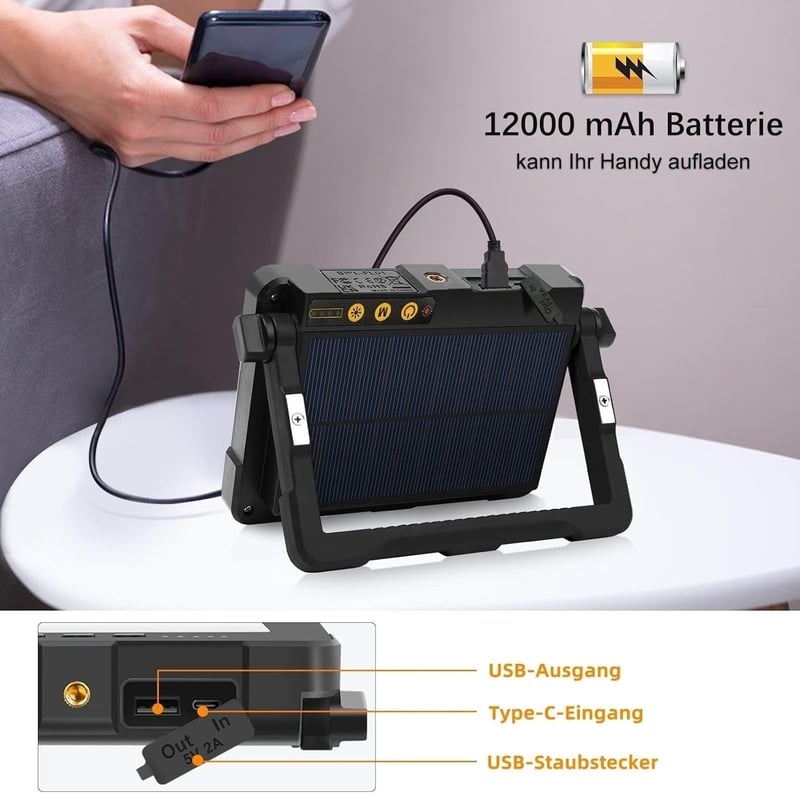 MEIKEE 80W LED Munkalámpa 12000 mAh Akkumulátorral - 4 Világítási Mód, 5 Fényerőszint, USB/Napelemes Töltés, Mágneses, Kempingezéshez, Szere
