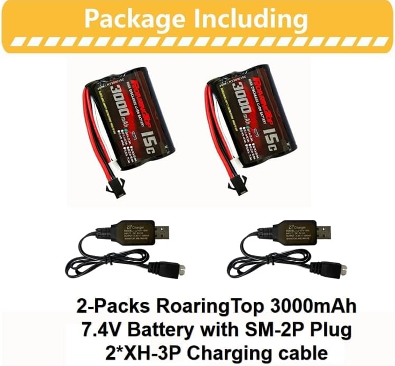 RoaringTop 7,4V 3000mAh Li-ion akkumulátor RC autókhoz és hajókhoz, 2 USB töltővel