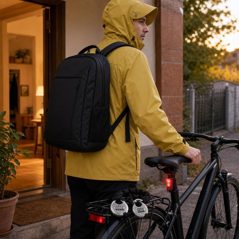 Bezpečné dochádzanie na bicykli: 2x zámok + zadné svetlo + pršiplášť M + batoh na notebook