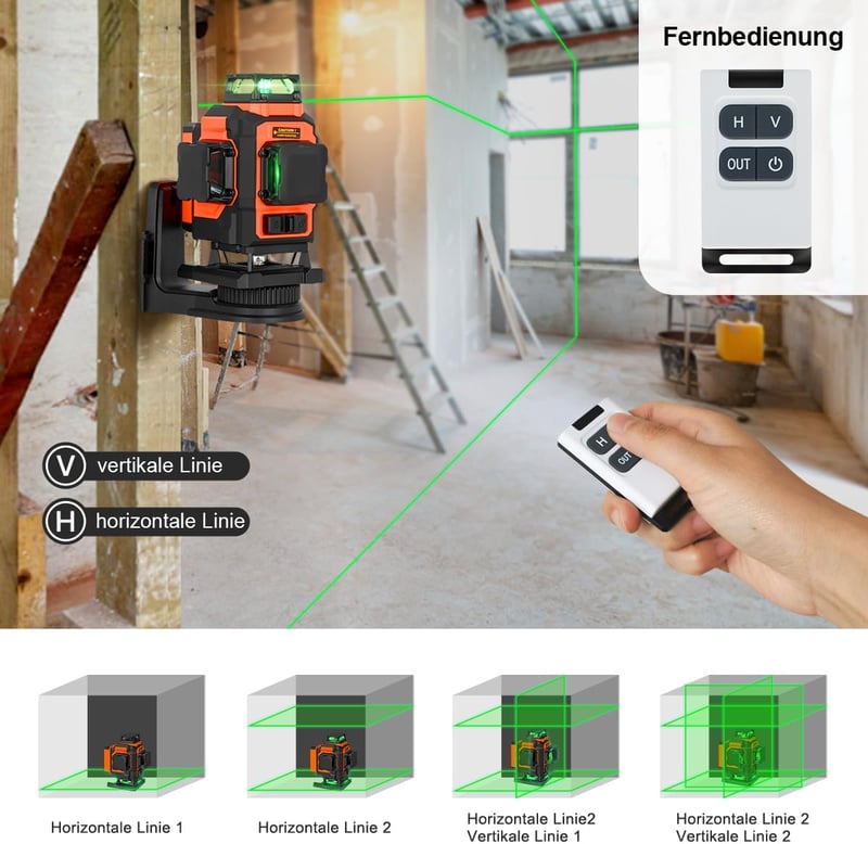 TakamineTech Zöld Keresztvonalas Lézer - 4x360° Önszintező Lézeres Szintező, 16 Vonalas Építési Lézer, 5200 mAh Akkumulátor, Távirányítható,