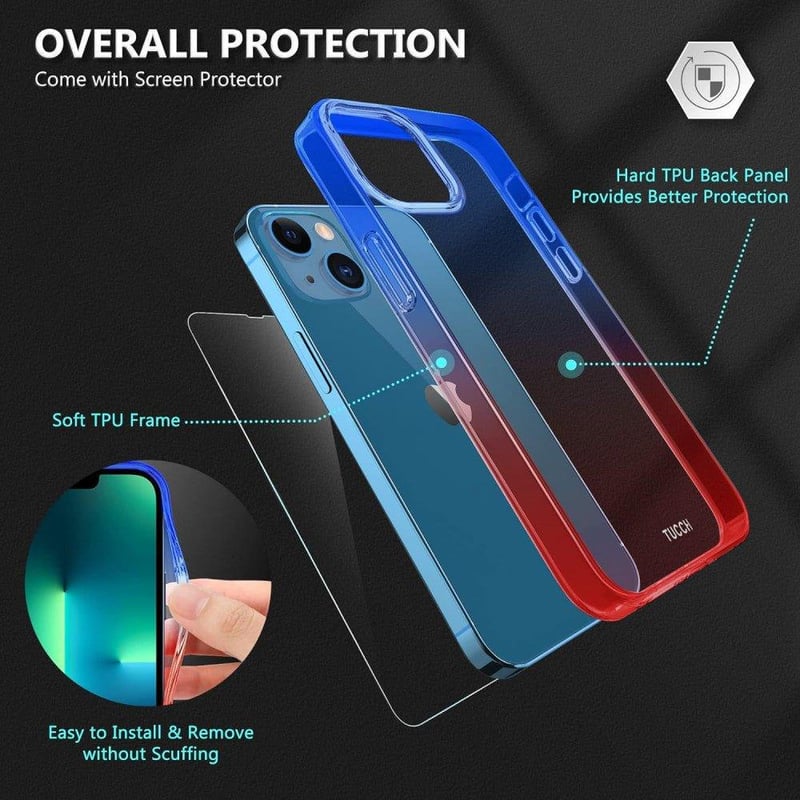 iPhone 13 Mini Kék-Piros Áttetsző Szilikon Tok Beépített Képernyővédővel