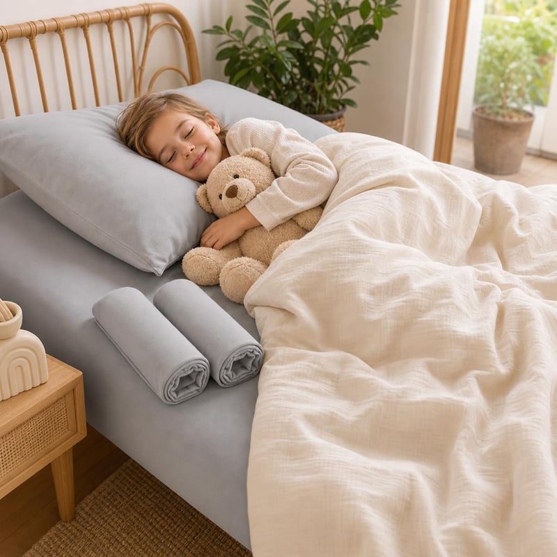 Nyugodt álom ágyneműcsomag: 2 db gumis lepedő + 2 db vízálló párnahuzat + muszlin ágyneműhuzat 155x220+40x80
