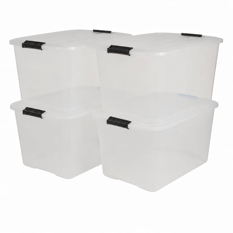 Iris Ohyama TB-45 prozirna kutija za pohranu s poklopcem 45L, set (nepotpuno: nedostaju 2 kutije i 5 poklopaca), kopče za zatvaranje, slaganje jedna na drugu — set od 4 komada