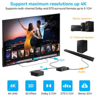 VEDINDUST 4K HDMI Audio Extraktor - Optikai, Koaxiális, L/R és 3,5mm Sztereó Kimenettel, HDCP, Dolby DTS 5.1 Támogatással, HDTV, PS4, Blu-ra 3