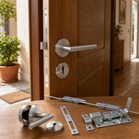 Set securitate ușă: mâner + broască îngustă + plăcuță contra + șurub fixare 1
