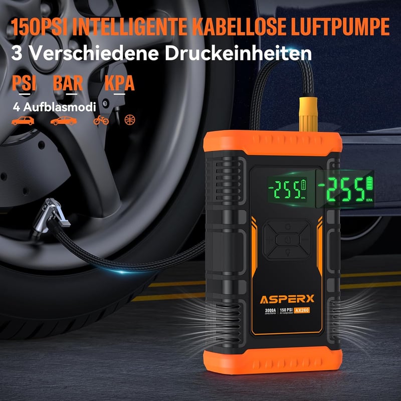 ASPERX 3000A Autós Indításrásegítő Powerbank Kompresszorral, 150PSI, LED Lámpával