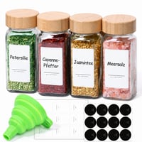 Sada hranatých sklenených koreničiek ComSaf, 120 ml, s bambusovým viečkom, etiketami a lievikom, 5-dielna súprava (neúplná súprava) 1