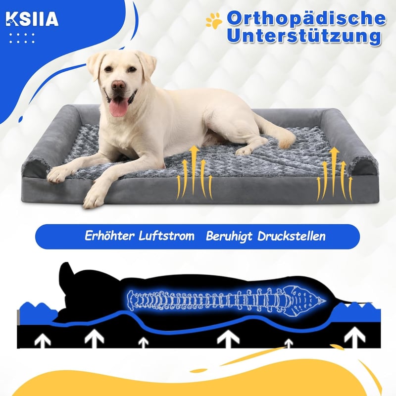 KSIIA Ortopédiai Kutyaágy Közepes Kutyáknak 91x68x16 cm - Mosható Huzatú Kutyakanapé Három Megemelt Széllel, Csúszásgátló Aljjal, Szürke
