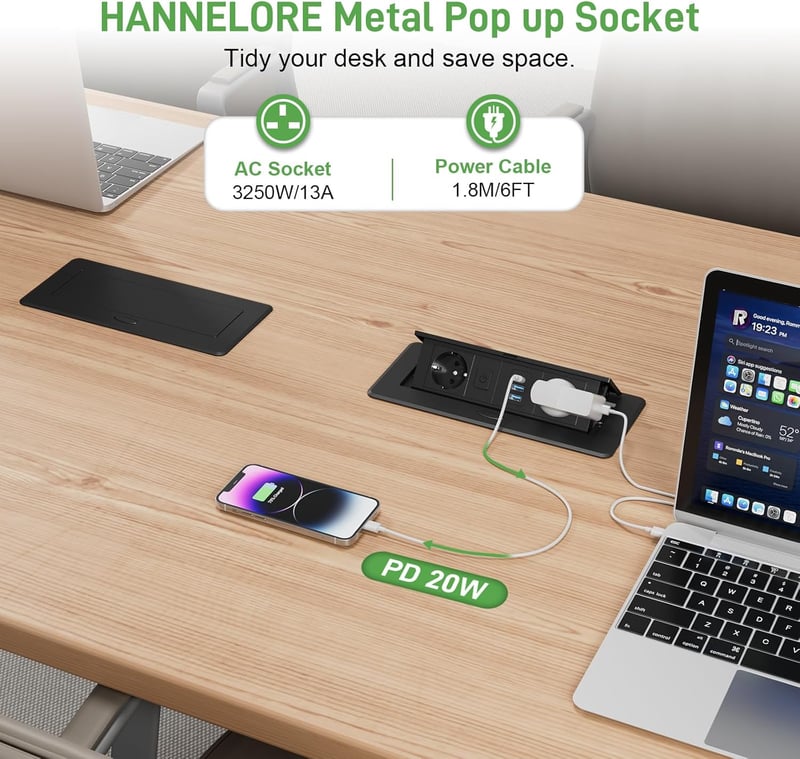 HANNELORE Behúzható Asztali Elosztó USB-C PD20W Gyorstöltéssel - Alumínium Bútorlap Konnektor 2 Aljzattal, 2 USB-A Porttal, Kapcsolóval, 1,8