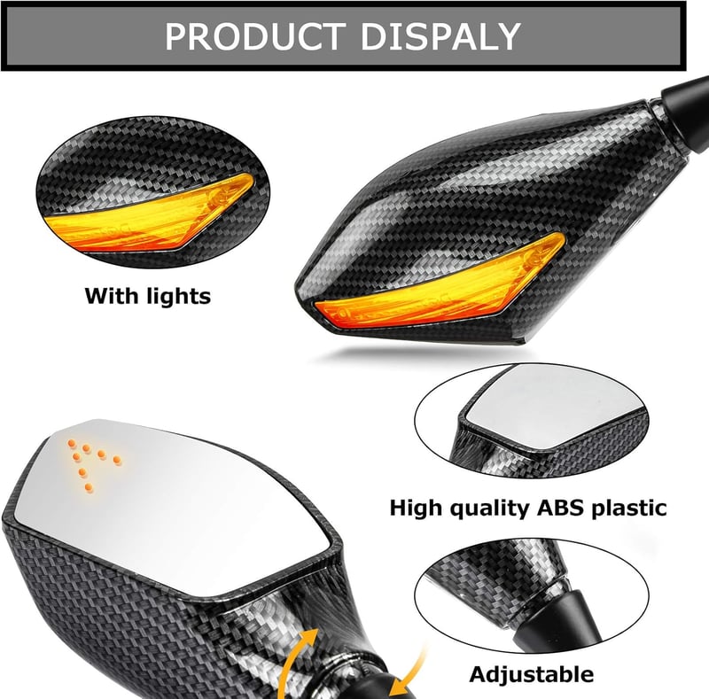 PSLER Karbon LED Irányjelzős Visszapillantó Tükör Szett Sportmotorokhoz - Időjárásálló ABS Ház, Acél Tengely, Egyszerű Felszerelés