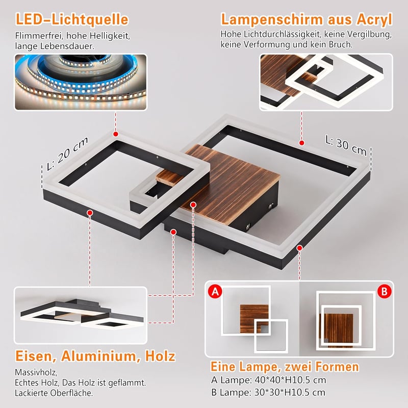 SEATAIN Fa Mennyezeti LED Lámpa - Fekete Geometrikus Dizájn, 40 cm, Távirányítós, Fényerő Szabályozás, 3000-6000K Színhőmérséklet, Éjszakai 