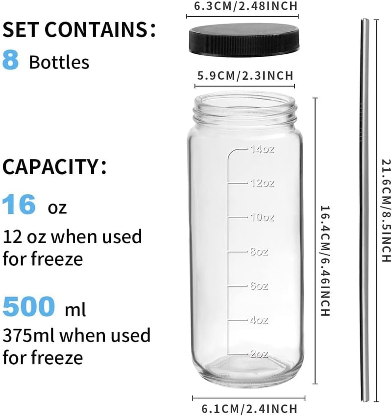 OAMCEG 8 db 500 ml Üveg Palack Szett - Juice Üvegek PP Fedéllel és Szívószálakkal, Mosogatógépben Mosható, Hűtőben Tárolható, Smoothie-hoz é