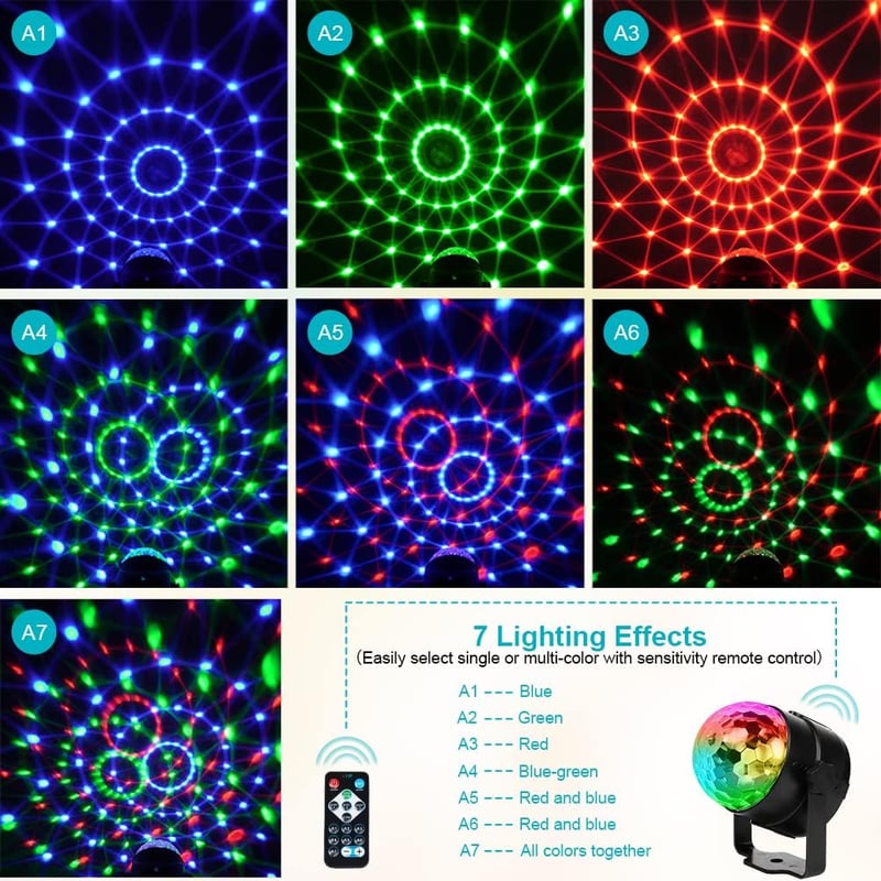 URAQT Disco Fény, 360° Forgó Parti Lámpa, 7 RGB Színnel, Hangvezérelt, Távirányítóval - Diszkó Világítás KTV, DJ, Buli, Bár, Otthoni Használ