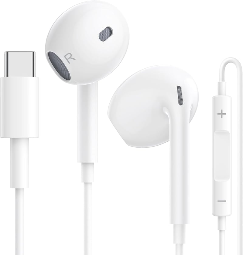 USB-C vezetékes fülhallgató mikrofonnal – iPhone 15, Samsung S24/S23, iPad és más készülékekhez, HiFi sztereó hangzás, fehér