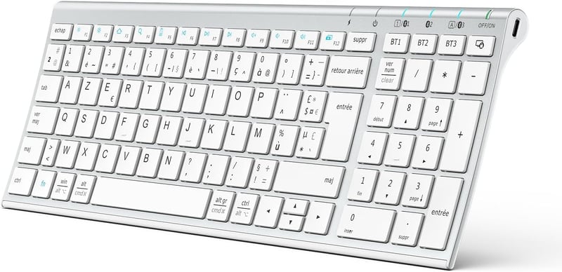 iClever BK10 Bluetooth Billentyűzet - Újratölthető, 3 Eszköz Csatlakoztatás, AZERTY, Ultravékony, Fehér, Mac/iPad/iPhone/PC Kompatibilis