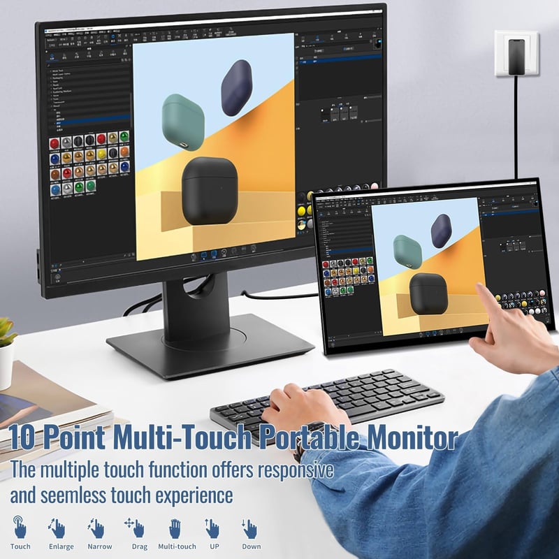 Prechen 18,5" Hordozható Érintőképernyős Monitor - 1080P FHD IPS, 99% sRGB, HDR, USB-C/HDMI, VESA, 180° Állítható, Laptop/PC/PS5/Xbox Kompat - black